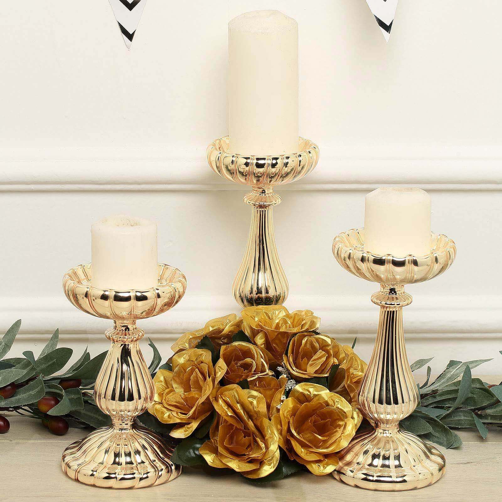 Efavormart Set of 3 Gold Mercury Glass Pillar Candle Holders - 7" | 8.5 ...
