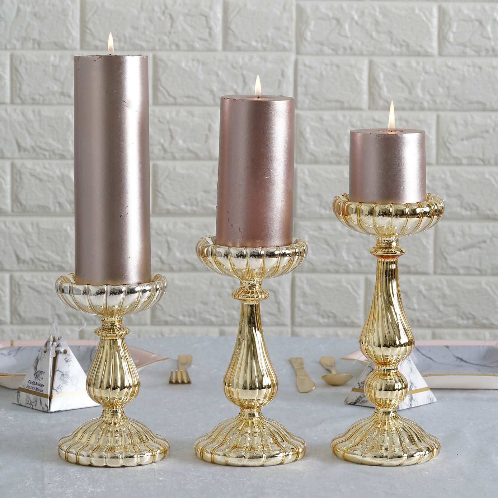 Efavormart Set of 3 Gold Mercury Glass Pillar Candle Holders - 7" | 8.5 ...