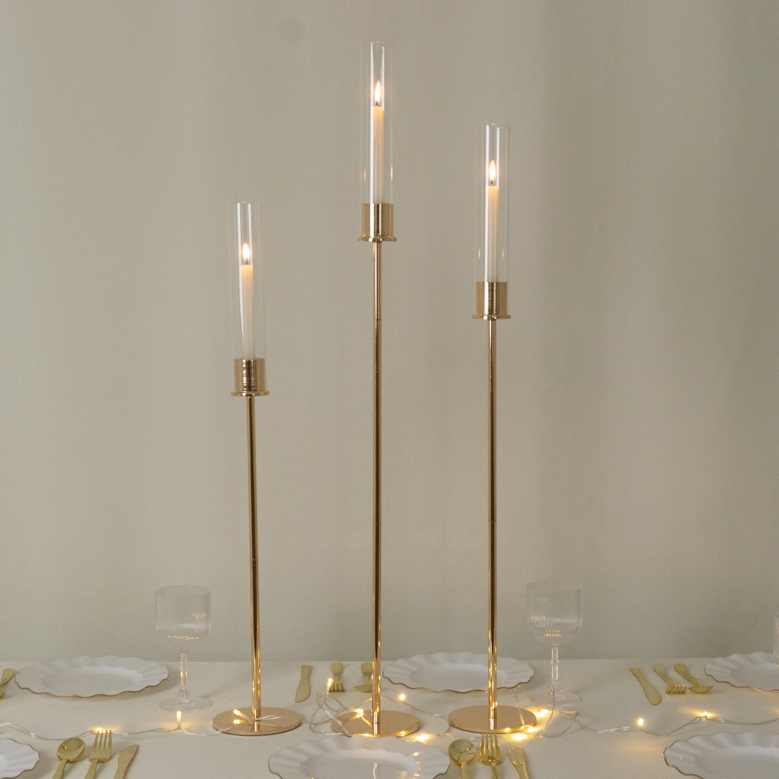 Efavormart Set of 3 Gold Metal Taper Candle Holders with Hurricane ...