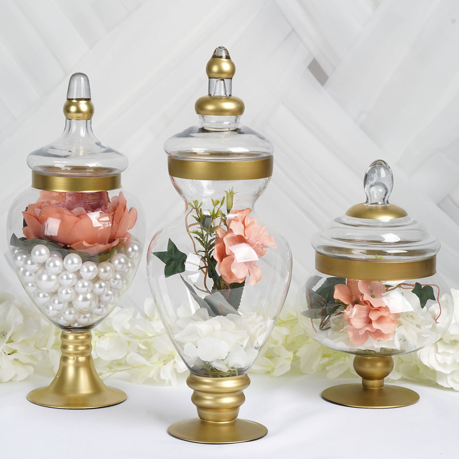 Efavormart Set of 3 Gold Trimmed Glass Apothecary Candy Jars With Lids -10"/14"/16" - image 1 of 11