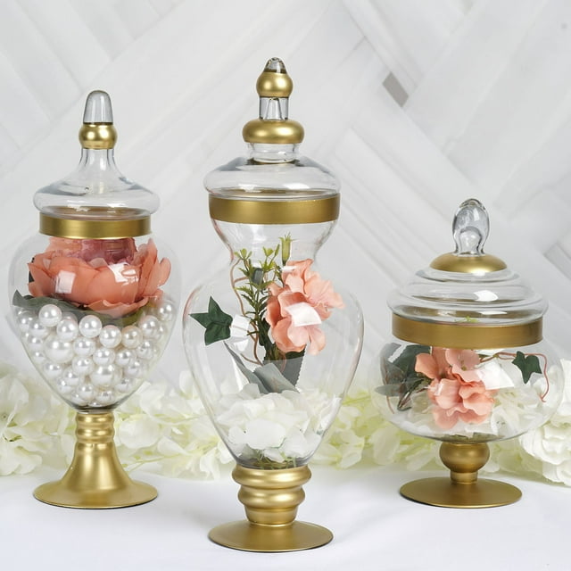 Efavormart Set of 3 Gold Trimmed Glass Apothecary Candy Jars With Lids -10"/14"/16"