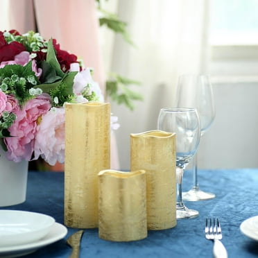 Efavormart Set of 3 Metallic Gold Flameless Candles Battery Operated LED Pillar Candle Lights with Remote Timer - 4" / 6” / 8”