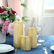 Efavormart Set of 3 Metallic Gold Flameless Candles Battery Operated LED Pillar Candle Lights with Remote Timer - 4" / 6” / 8”