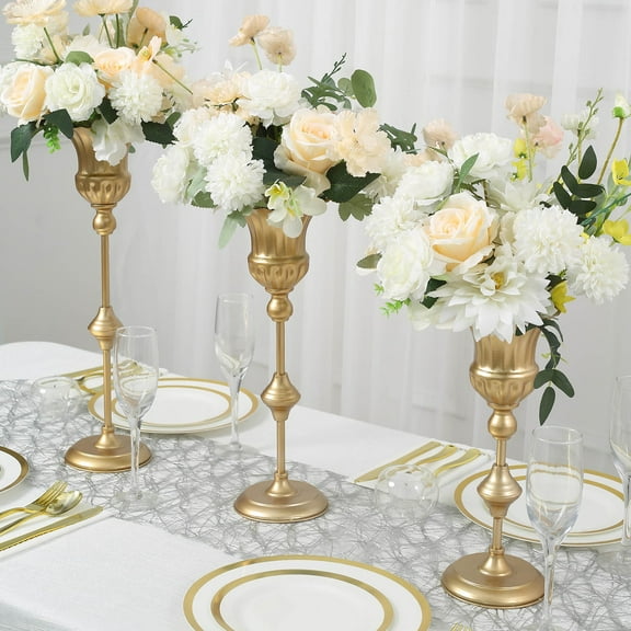 Efavormart Set of 3 | Metallic Gold Trumpet Flower Vase Centerpieces, Vintage Style Flute Table Decorative Stands - 13",16",19"