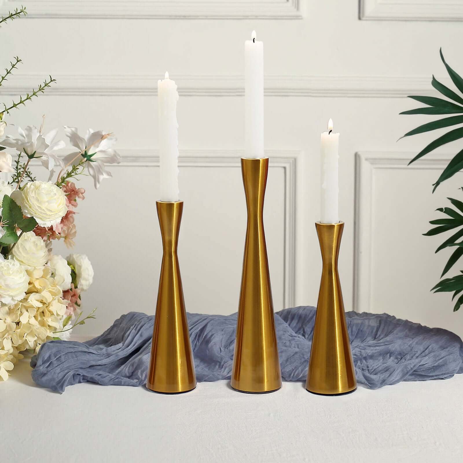 Efavormart Set of 3 Modern Hourglass Style Gold Metal Taper Candle ...