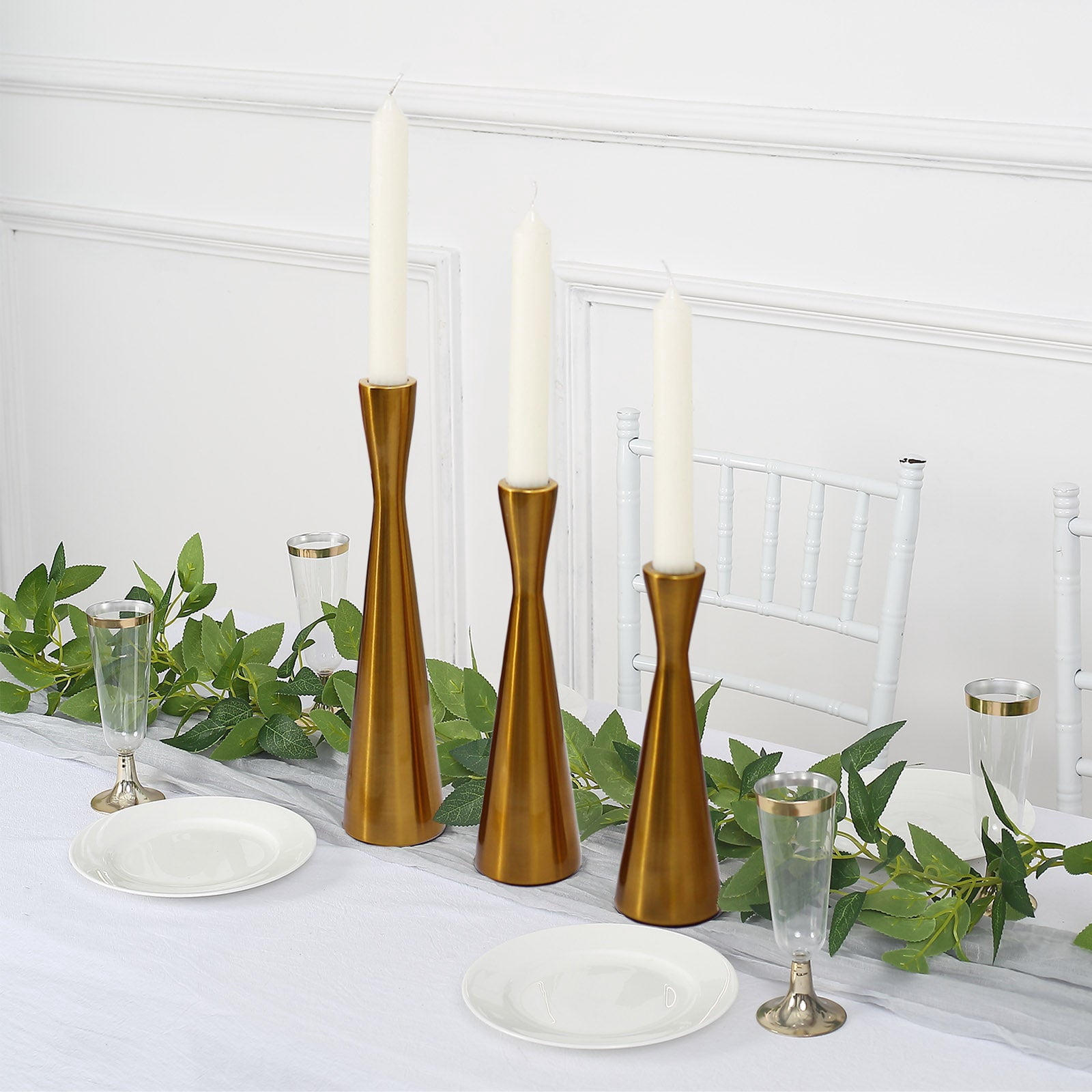 Efavormart Set of 3 Modern Hourglass Style Gold Metal Taper Candle ...