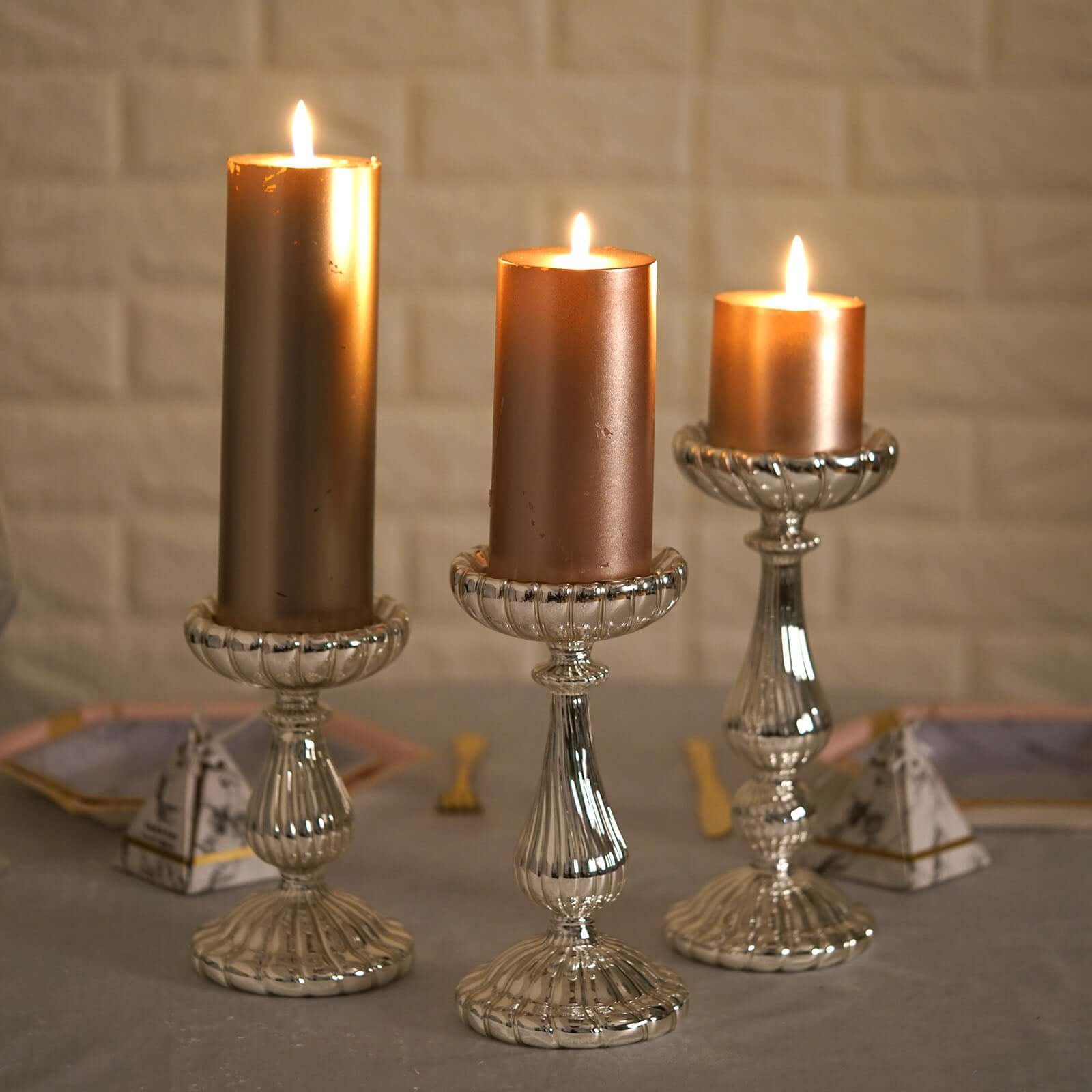 Efavormart Set of 3 Silver Mercury Glass Pillar Candle Holders - 7" | 8 ...