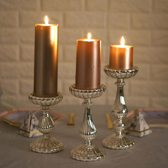 Efavormart Set of 3 Silver Mercury Glass Pillar Candle Holders - 7" | 8.5" | 10"