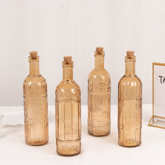 Efavormart Set of 4 Amber Gold Vintage Embossed Glass Bottles with Corks, 16oz Large Decorative Wine Bottles Flower Bud Vases - 10" Tall