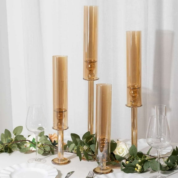 Efavormart Set of 4 Gold Crystal Glass Hurricane Taper Candle Holders With Tall Cylinder Chimney Tubes - 14", 18", 22", 26"