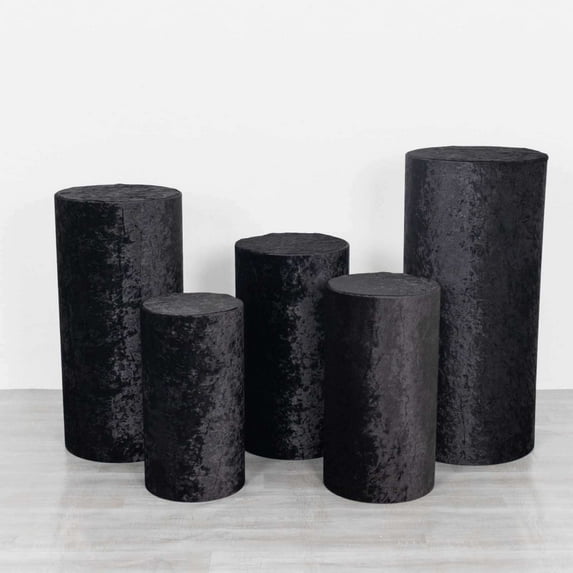 Efavormart Set of 5 Black Crushed Velvet Cylinder Plinth Display Box Stand Covers, Premium Pedestal Pillar Prop Covers