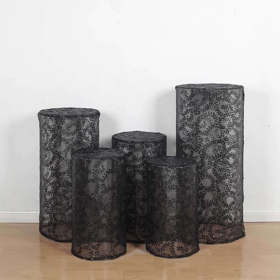 Efavormart Set of 5 Black Sequin Mesh Cylinder Display Box Stand Covers with Leaf Vine Embroidery, Sparkly Sheer Tulle Pedestal Pillar Prop Covers