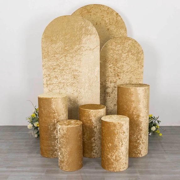 Efavormart Set of 5 Champagne Crushed Velvet Cylinder Plinth Display Box Stand Covers, Premium Pedestal Pillar Prop Covers