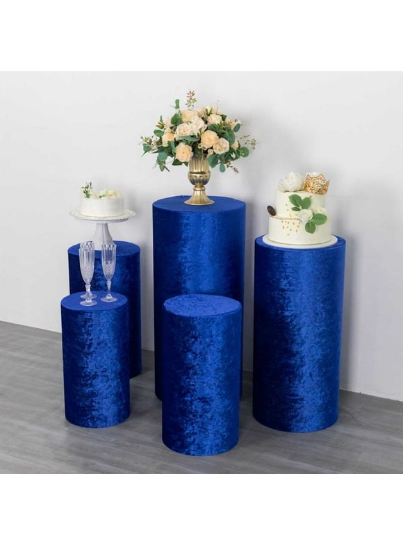 Efavormart Set of 5 Royal Blue Crushed Velvet Cylinder Plinth Display Box Stand Covers, Premium Pedestal Pillar Prop Covers