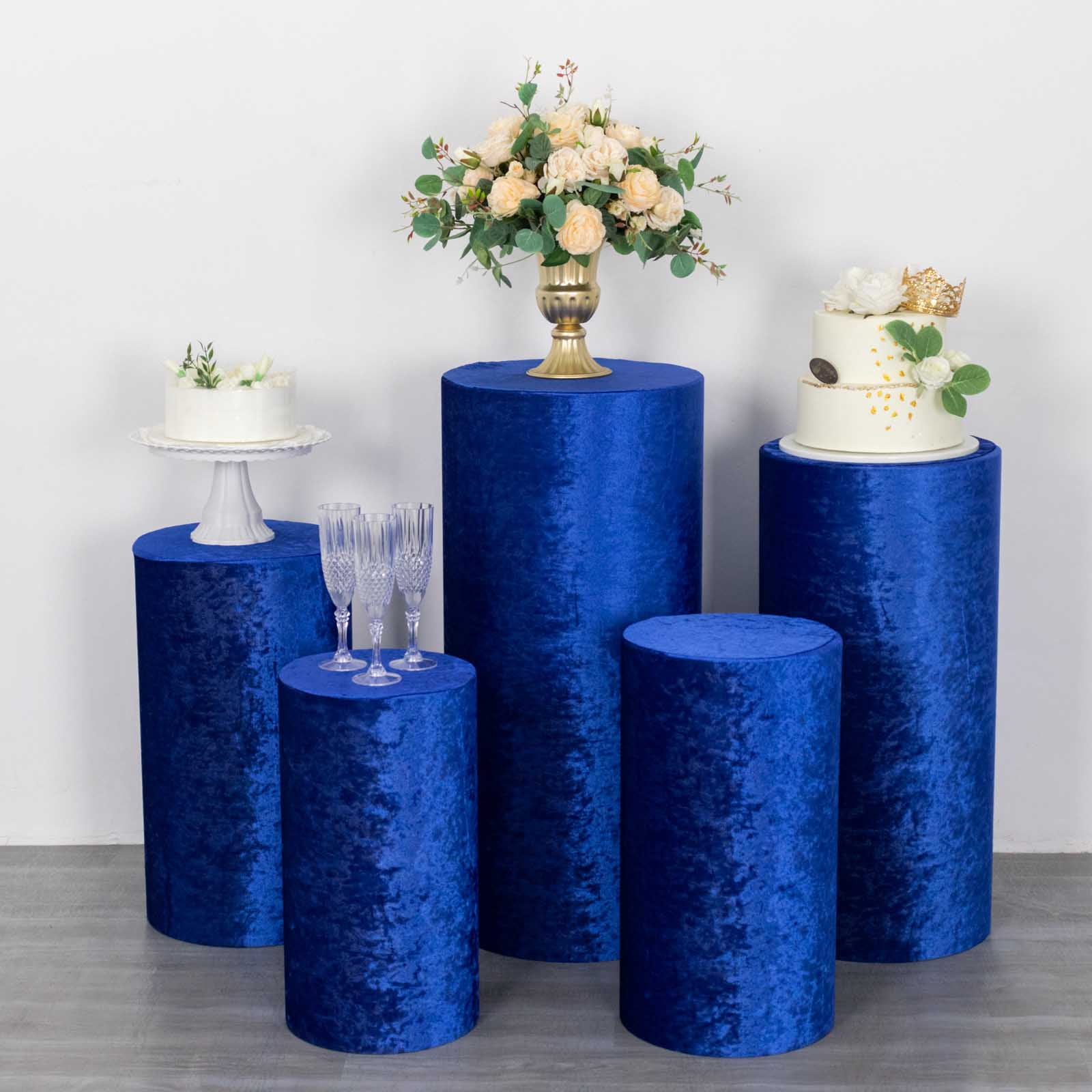 Efavormart Set of 5 Royal Blue Crushed Velvet Cylinder Plinth Display