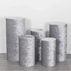 Efavormart Set of 5 Silver Crushed Velvet Cylinder Plinth Display Box Stand Covers, Premium Pedestal Pillar Prop Covers
