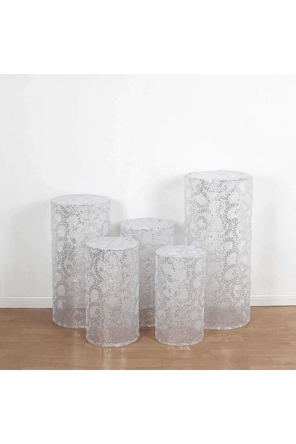 Set of 5 Silver Sequin Mesh Cylinder Display Box Stand Covers with Leaf Vine Embroidery, Sparkly Sheer Tulle Pedestal Pillar Prop Covers