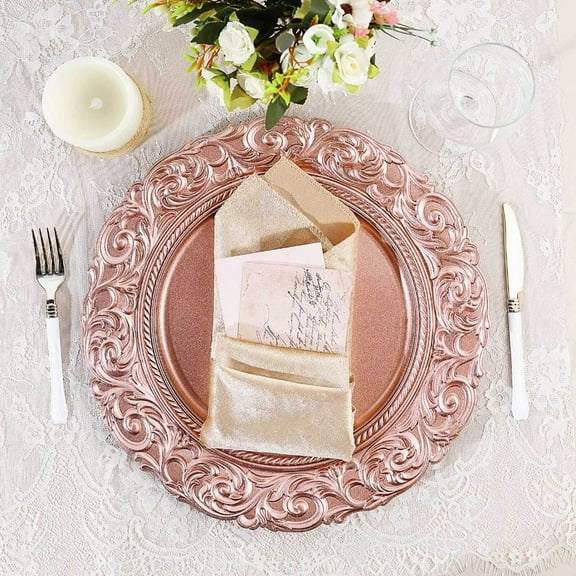 Efavormart Set of 6 ROSE GOLD 14" Round Plastic Charger Plates With Engraved Baroque Design Rim For Wedding Party Events