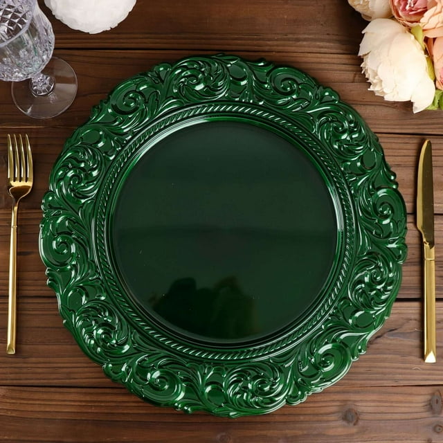 Efavormart Set of 6Hunter Emerald Green 14" Round Plastic Charger Plates With Engraved Baroque ...