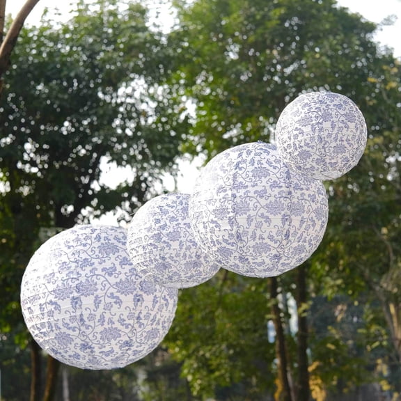 Efavormart Set of 8 White Blue Chinoiserie Floral Print Hanging Paper Lanterns, Chinese Festival Lanterns - 6",8",10",14"