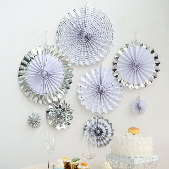 Efavormart Set of 8 White/Silver Paper Fan Decorations Paper Pinwheels Kit - 4" | 8" | 12" | 16"