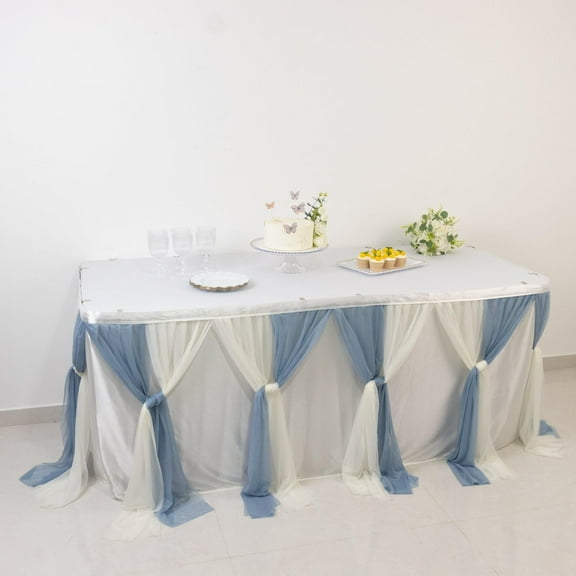 Efavormart Sheer Chiffon Table Skirt 14ft Dusty Blue and Ivory – Pleated Ruffle Skirting with Polyester Backing, Shimmer Sheer, Wrinkle-Free Fabric