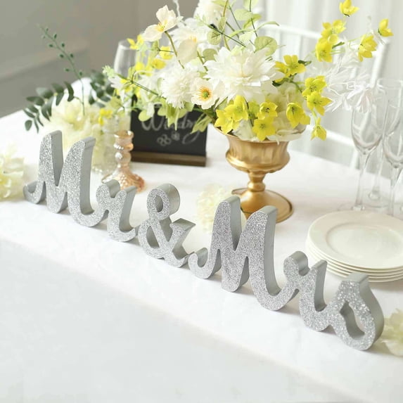 Efavormart Silver Glittered Wooden "Mr & Mrs" Freestanding Letter Photo Props, Rustic Glam Wedding Table Display Signs