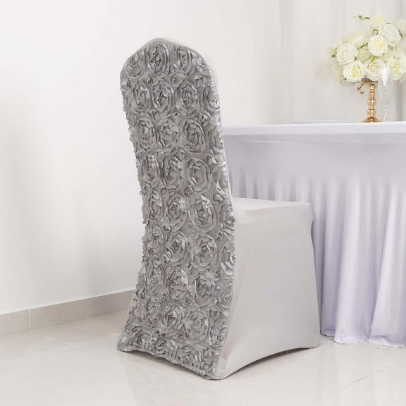 Efavormart Silver Satin Rosette Spandex Stretch Banquet Chair Cover, Fitted Chair Cover
