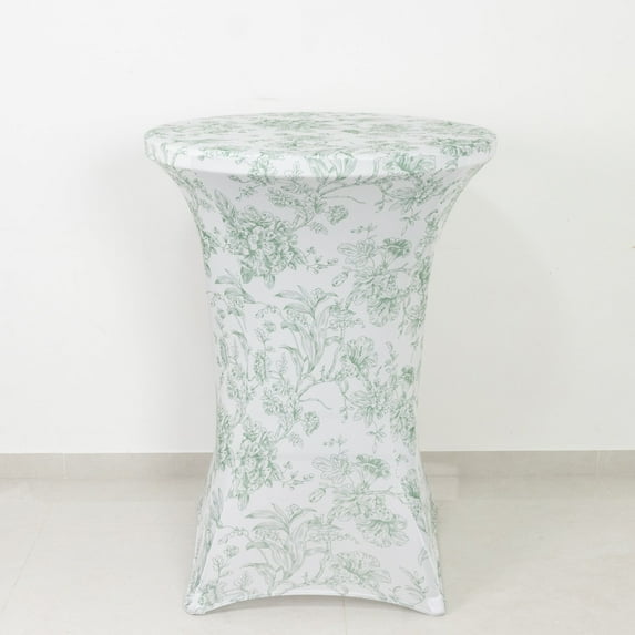 Efavormart Spandex Cocktail Table Cover – Dusty Sage Green & White French Toile, 30" Round Highboy Stretch Fitted Tablecloth