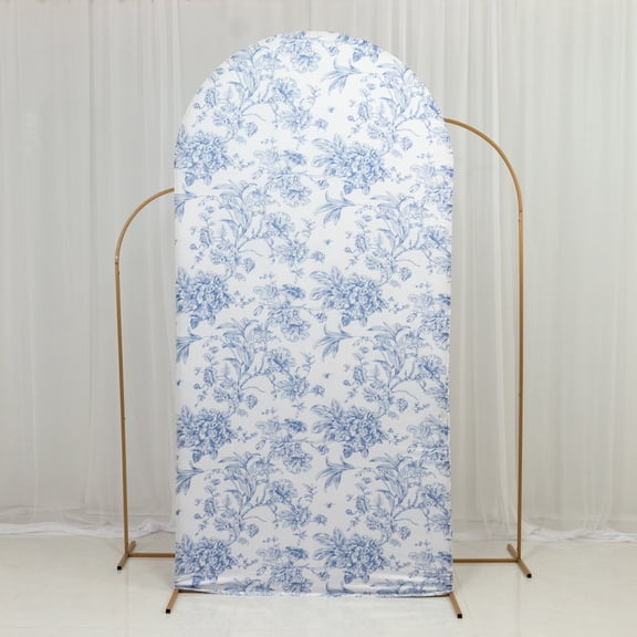 Efavormart Spandex Fitted Chiara Backdrop Cover – French Toile Floral in Blue & White, Round Top Wedding Arch Slipcover 7ft