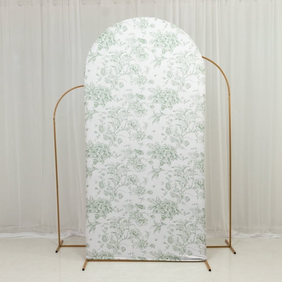 Efavormart Spandex Fitted Chiara Backdrop Cover – French Toile Floral in Dusty Sage Green & White, Round Top Wedding Arch Slipcover 7ft