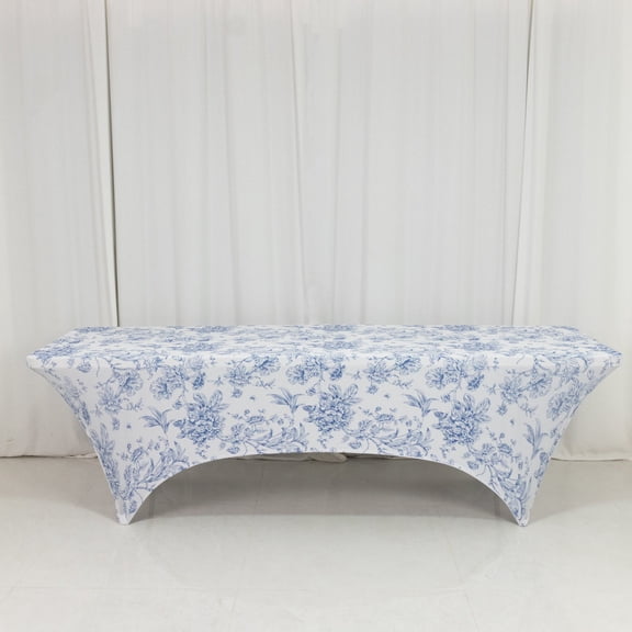 Efavormart Spandex Fitted Rectangle Tablecloth 8ft – White & Blue French Toile Wrinkle-Free Stretch Table Cover