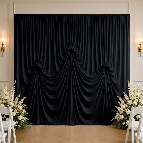 Efavormart Spandex Pre-Sewn Dramatic Drape Backdrop Curtain – 13ft × 20ft Black 4-Way Stretch Wrinkle-Free 180GSM Event Panel with 3 Adjustable Ribbon Ties