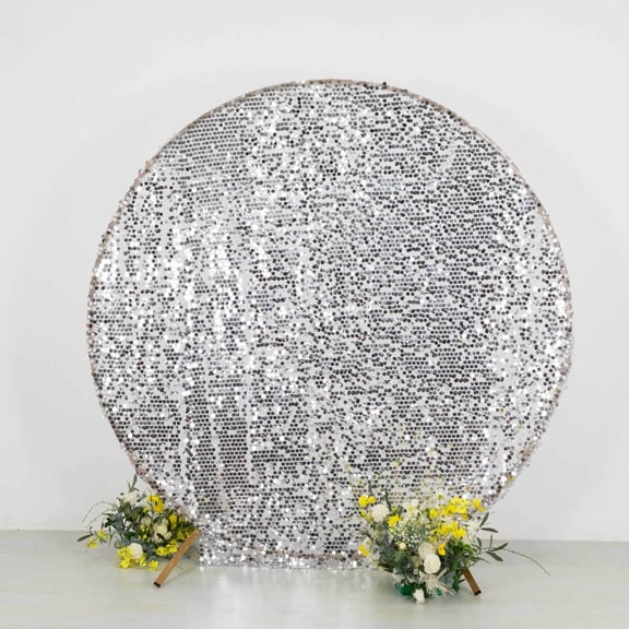 Efavormart Sparkly Silver Big Payette Sequin Backdrop Stand Cover for Round Wedding Arch - 7.5ft