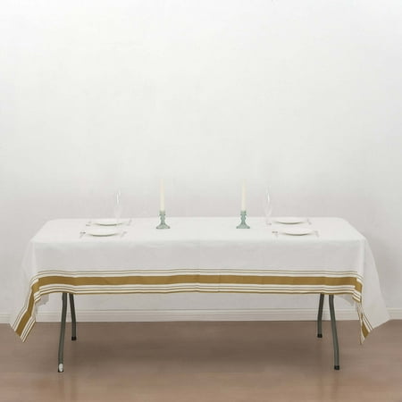 Efavormart White Airlaid Paper Rectangular Tablecloth with Gold Striped Border, Soft Linen-feel Disposable Table Cover - 50"x108"