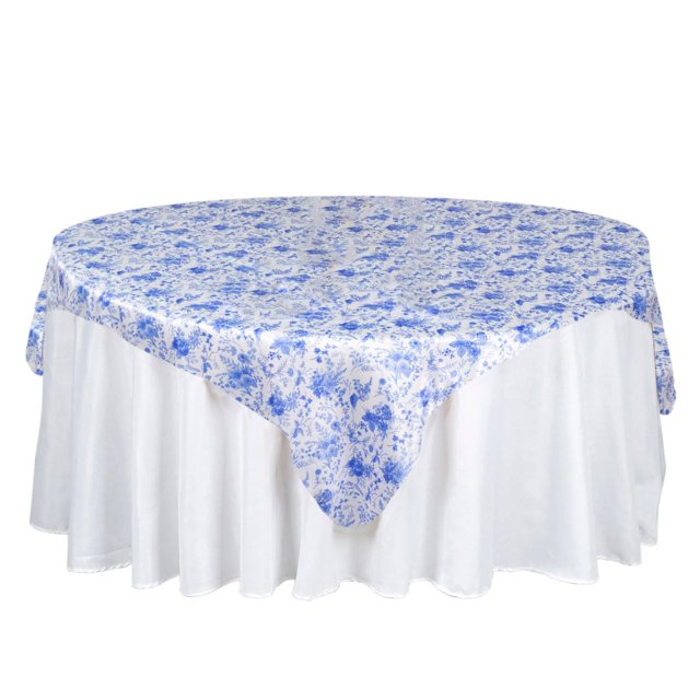 Efavormart White Blue Chinoiserie Floral Print Satin Table Overlay, Square Tablecloth Topper