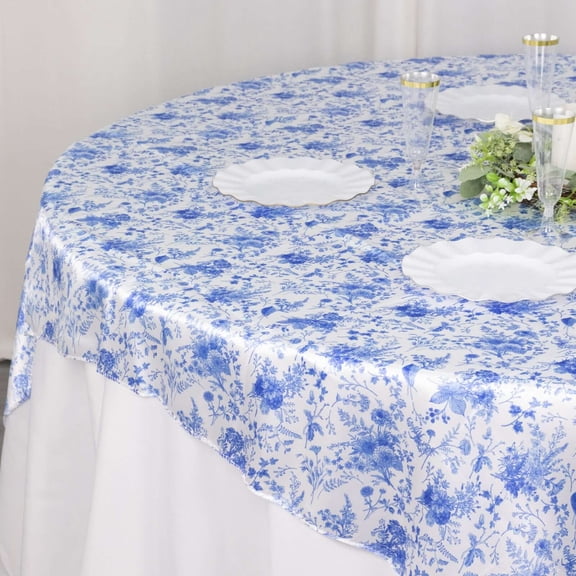 Efavormart White Blue Chinoiserie Floral Print Satin Table Overlay, Square Tablecloth Topper - 72"x72"