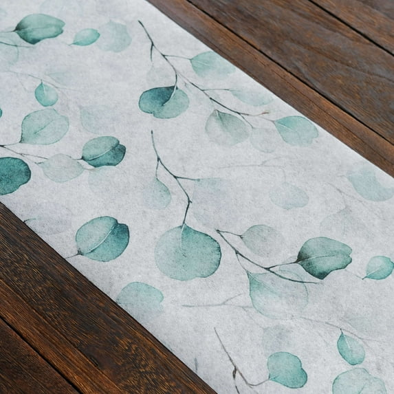 Efavormart White Green Non-Woven Eucalyptus Leaf Print Table Runner, Spring Summer Kitchen Dining Table Decoration - 11"x108"