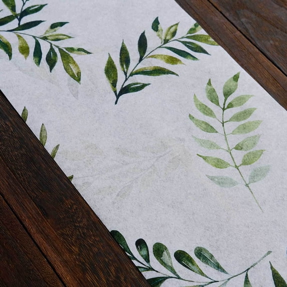 Efavormart White Green Non-Woven Olive Leaf Print Table Runner, Spring Summer Kitchen Dining Table Decoration - 11"x108"