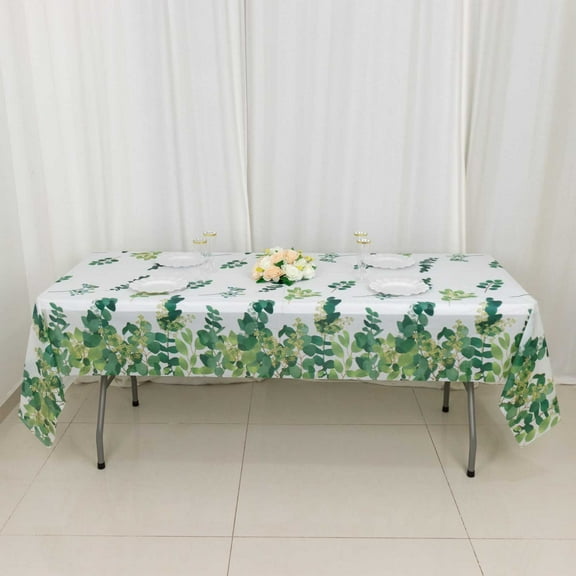Efavormart White Green Rectangular Plastic Tablecloth With Eucalyptus Leaves Print, Waterproof Disposable Table Cover - 54"x108"