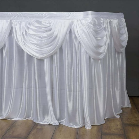 Efavormart White Satin Double Drape Table Skirt for Kitchen Dining Catering Wedding Birthday Party Decorations Events 21ft