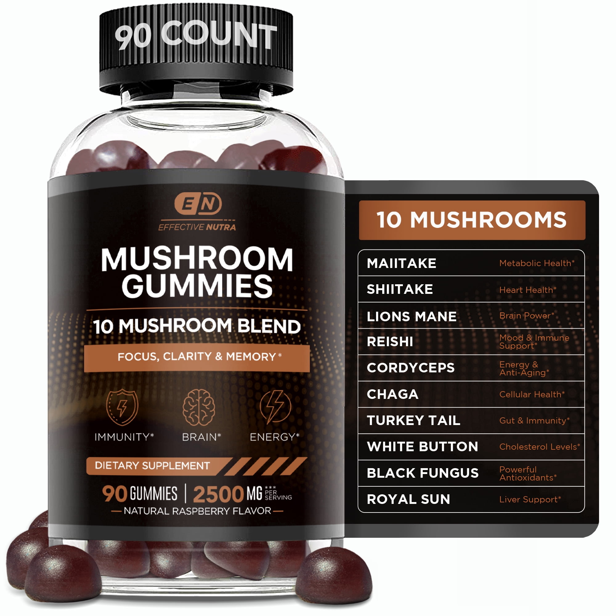 Effective Nutra Mushroom Gummies 10 Blend -  Mushroom Supplement for Men & Women - 2500mg (90ct)