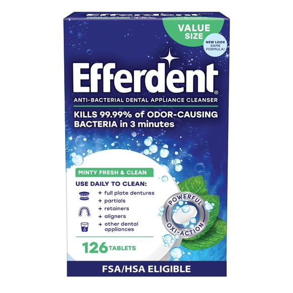 Efferdent Anti-Bacterial Denture Cleanser Tablets, Fresh Minty Flavor, 126 Ea