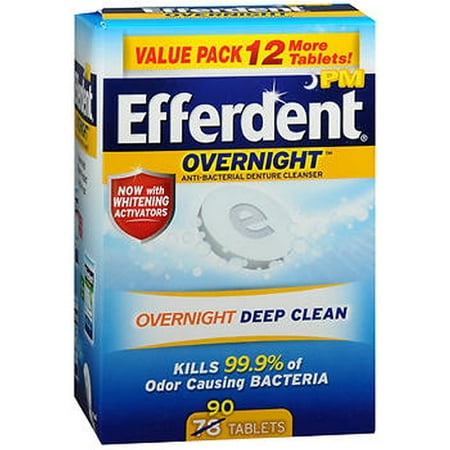 Efferdent PM Overnight Anti-Bacterial Denture Cleanser Tablets 90 ea (Pack of 4)