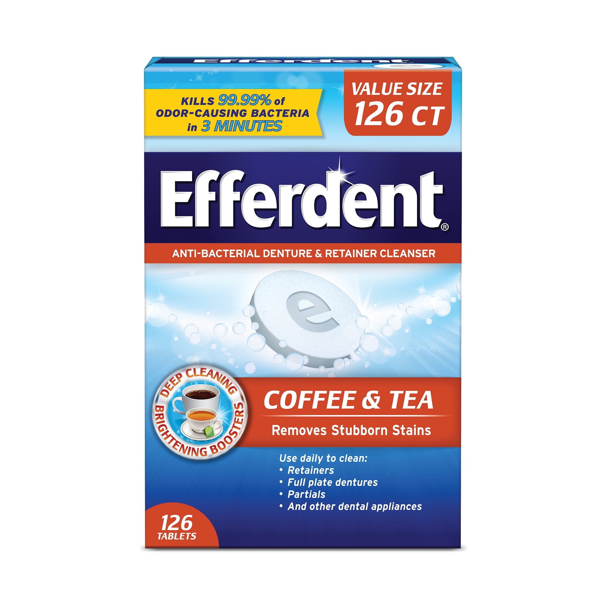 Efferdent Retainer & Denture Cleaner Tablets, Coffee & Tea, 126 Count