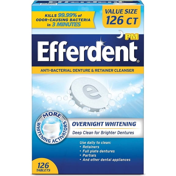 Efferdent Retainer & Denture Cleaner Tablets, Overnight Whitening, 126 Count