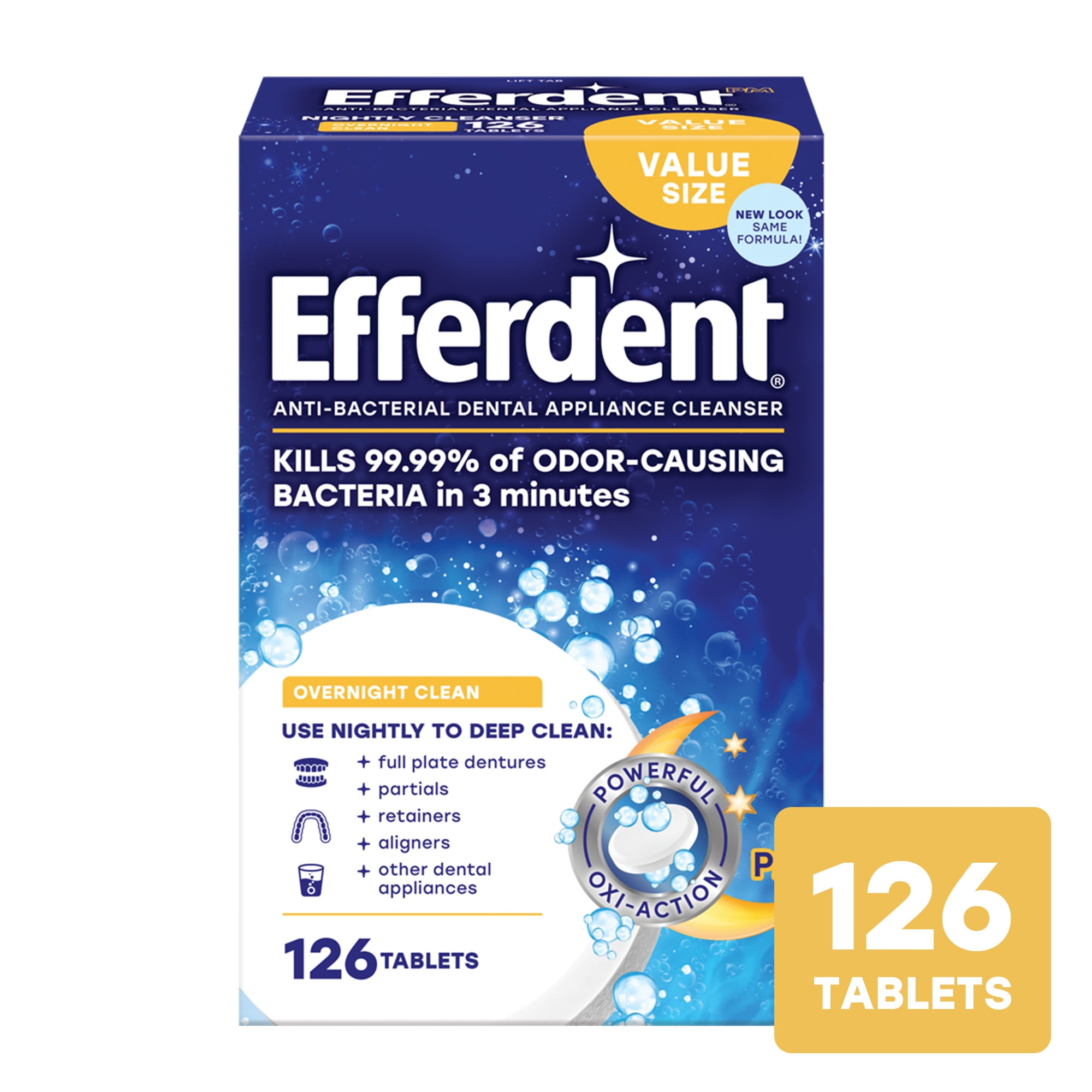 Efferdent Retainer & Denture Cleaner Tablets, Overnight Whitening, 126 Count