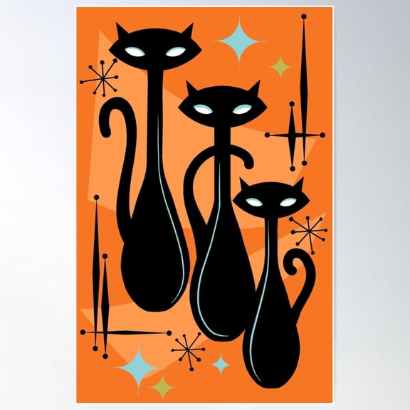 Effervescent Orange Atomic Age Black Kitschy Cat Trio Poster Wall Art Modern Wall Decor For Living Room Bedroom Art