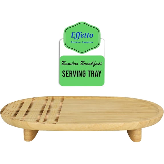 Effetto Bamboo Wooden Serving Tray | Bamboo Breakfast Oval Rustic Wooden Platter with Anti-Skid Base & Smooth Finsh | Tea Coffee Food Wooden Footed Tray for Kitchen, Living Room, Bar, Parties