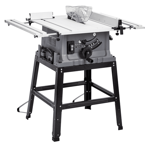 Efficient 10-Inch Portable Table Saw for Outdoor Use – 15A 5000RPM, Adjustable Blade Height, Stand, 90° Crosscut & 0-45° Bevel Cut, Powder Collector, Multi-Purpose – Gray